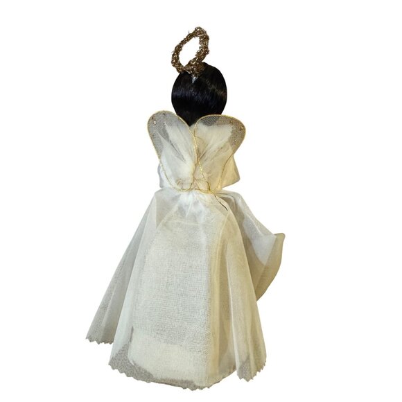 Vtg Angel Tree Topper With Gold Halo Wings Dark Hair Handmade In Japan - Picture 3 of 9